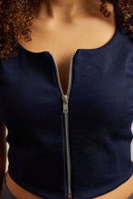 Load image into Gallery viewer, Navy Stretch-Denim Zip Front Top
