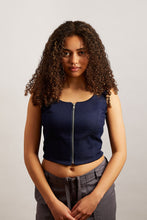 Load image into Gallery viewer, Navy Stretch-Denim Zip Front Top
