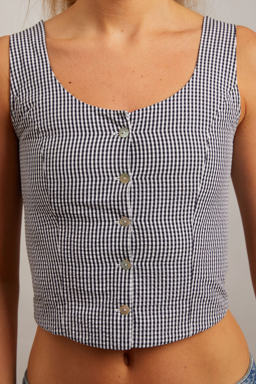 Button Front Navy Check top