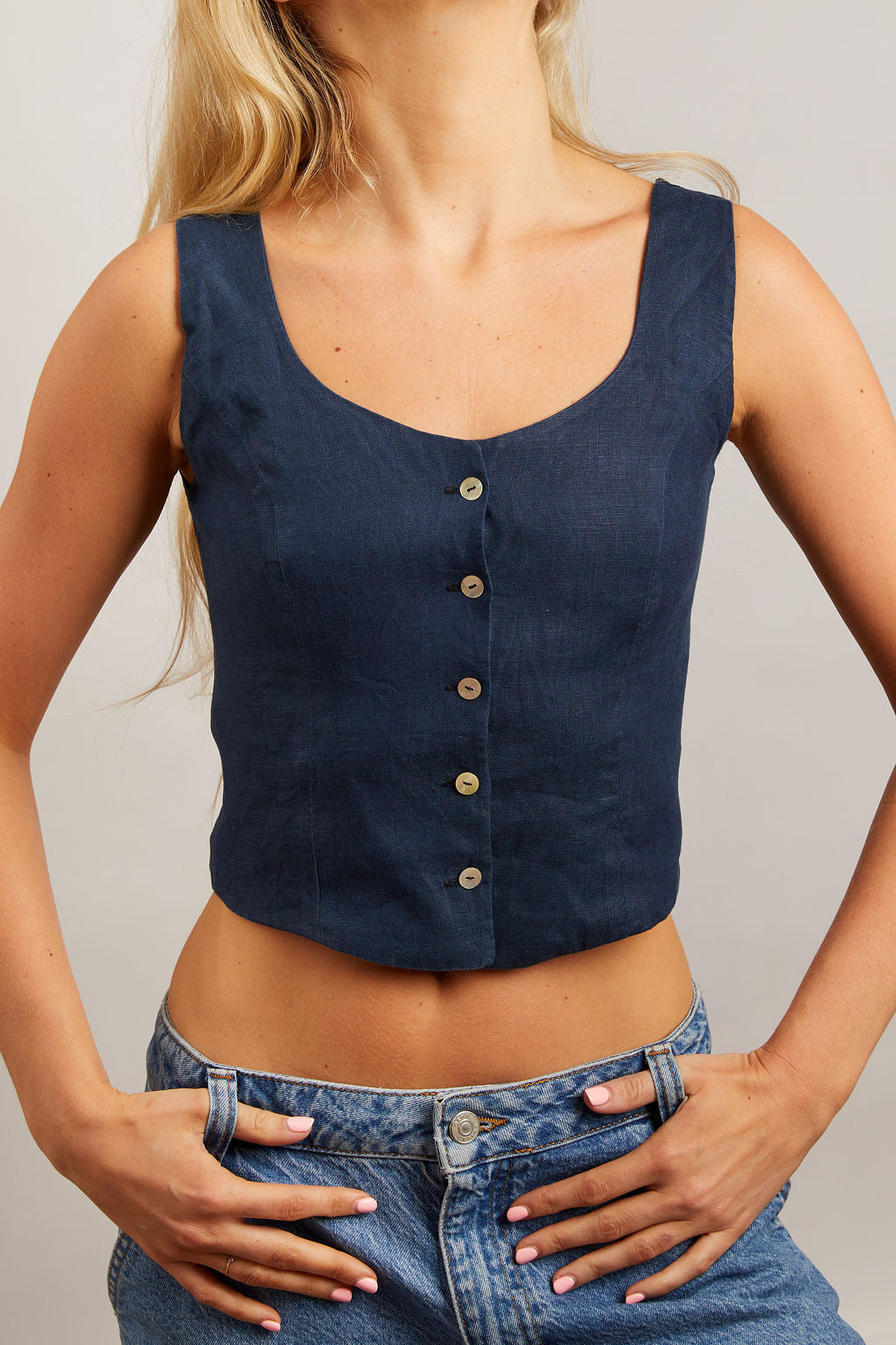 Button Front Navy Linen Top