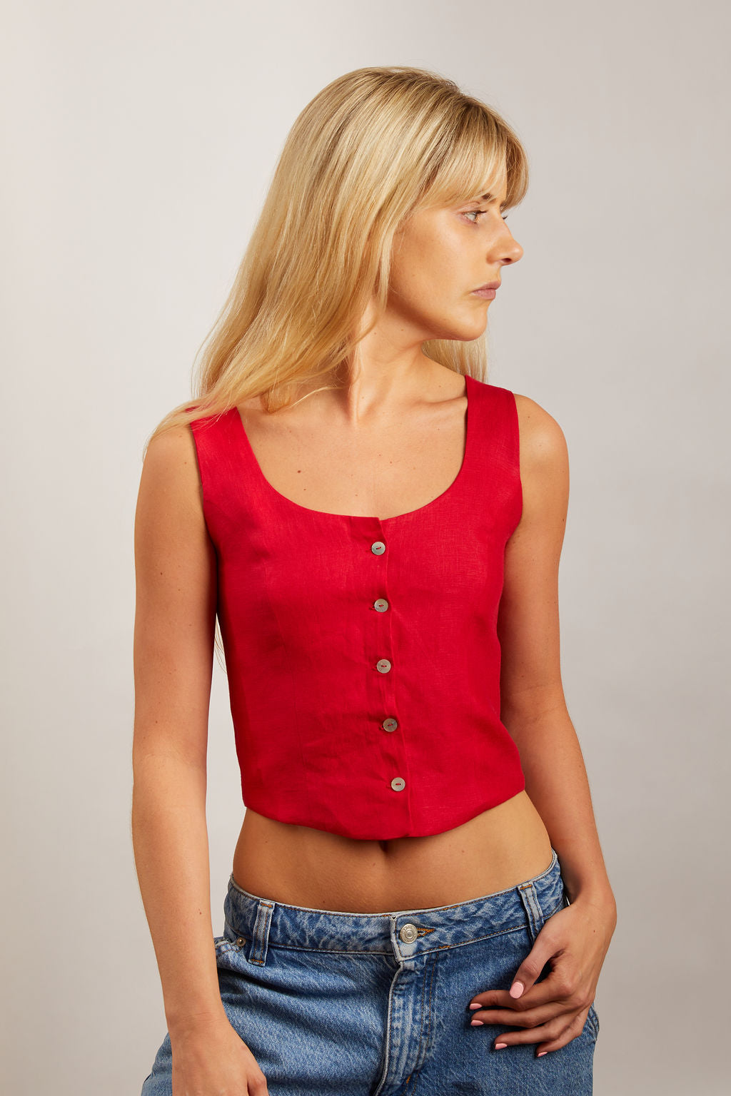 Button Front Red Linen Top