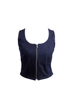 Load image into Gallery viewer, Navy Stretch-Denim Zip Front Top
